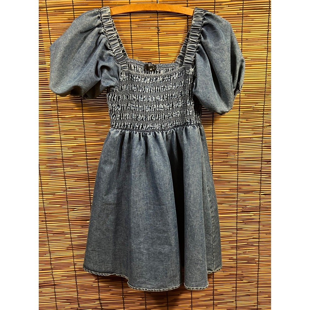 Blush Medium Puff Sleeve Denim Dress Blue Smocked Cotton Blend